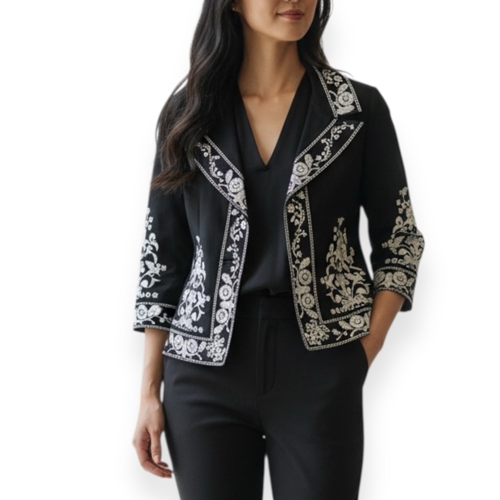 Tristan & Iseut Elegant Black Blazer with White Embroidery